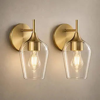 Hamilyeah Gold Sconces Wall Lighting Set of 2, Bathroom Wall Lighting Fixtures Brass, Modern and Vintage Wall Lights with Clear Champagne Glass Shade for Bedroom, Fireplace, Hallway, Kitchen