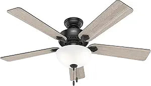 Hunter 52 inch Indoor Ceiling Fan with LED Light - Black Ceiling Fan with Pull Chain, For Bedroom, Living Room, or Kitchen, Standard Mount, No Remote, 5 Blades - Swanson 51738, Matte Black