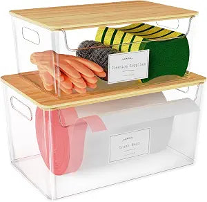 COAZEX 2 Pack Stackable Plastic Trash Bag Holder with Bamboo Lid Under Sink