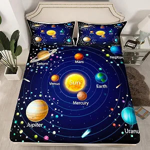 Kids Outer Space Fitted Sheet, Boys Starry Sky Galaxy Bed Sheet Twin Size Planet Space Bedding Set for Girls Teens Adult Bedroom Decor, Solar System Cosmos Fitted Bed Sheets, Blue Purple(No Top Sheet)