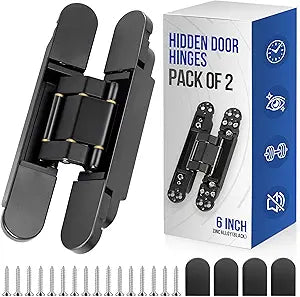 6" Hidden Door Hinges Invisible Hinges, Zinc Alloy Concealed Hinges Silent Invisible Door 3 Way Adjustable & 180 Swing Butt Hinge 6*2.5*1inch BlackPack of 2(Fits Only Doors Over 35mm Thickness)