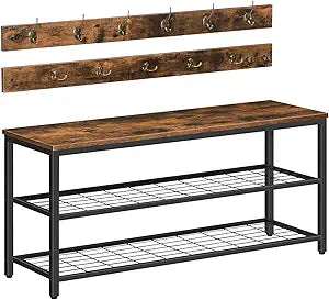 HOOBRO Hall Tree with Bench, Coat Rack Shoe Bench Set, Entryway Shoe Rack with Coat Hooks, Hall Tree, 39.4" L x 11.8" W x 18.1" H, Industrial, for Front Door, Rustic Brown BF071MT01G1