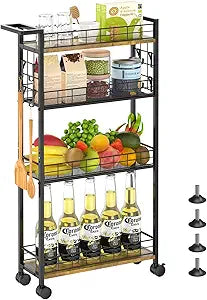 LASZOLA Slim Storage Cart with Wheels, 4 Tier Mobile Narrow Shelving Unit Organizer Utility Cart with Handle, Skinny Rolling Trolley for Small Space Kitchen Bathroom Laundry, Black and Rustic Brown