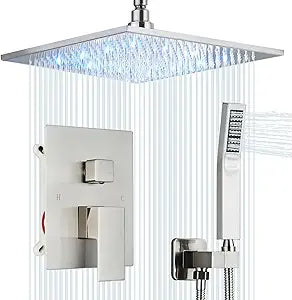 Shower System 12 Inch LED Square Showerhead Shower Faucet Set Shower Kit with Handheld Spray SUS304 Stainless Steel Shower Trim Kit Handheld shower with Rough-in Valve Brushed Nickle