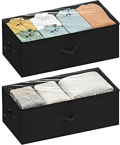 Large Under Bed Storage Containers, 12 inch Tall Underbed Storage Bins with Clear Lids, Deep Under Dorm Bed Storage Drawers Organizer for Shoes, Clothes, Blankets (2 Pack, Black, 31.5"x16"x12")