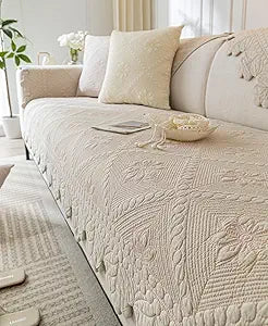vctops Farmhouse 100% Cotton Quilted Couch Cover Floral Embroidered Sofa Cover Non-Slip Soft Sofa Slipcover Washable Furniture Protector (Khaki,43"x94")