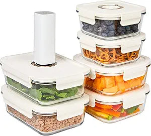 HOLDN STORAGE Vacuum Food Storage Containers, Set of 6 Glass Containers Mix & Electronic Pump - Keep Food Fresh Longer, BPA-Free Glass, Leak-Proof, Ideal for Meal Prep, Marinating