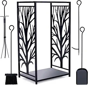 WILLOW WEAVE Firewood Rack Fire Log Holder Storage Set with 4 Tools Brush, Shovel, Poker, and Tongs, Easy to Use and Clean, Decorative Fireplace Wood Rack, Great Space Saver for Indoor/Outdoor