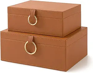 Soul & Lane Faux Leather Storage Box Set, 2 Decorative Boxes with Lids for Home Decor, Coffee Table and Living Room Shelf Organization, Remote Control Holder with Stacking Design, Warm Saddle Brown