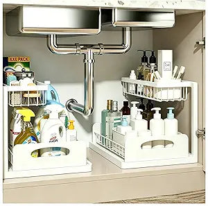 2 Pack Upgraded Under Sink Organizer, 2 Tier Pull out Kitchen Cabinet Organizer Metal Slide out Bathroom Organizers and Storage Makeup Drawer Organizer for Office Bedroom Restroom Living Room, L-White