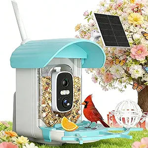 Bird Feeder with Camera Solar Powered Panel, Father's Day & Mother's Day Gift: Smart Bird Feeder Outdoors with AI Birds Identify Capture, 2K Video, Birthday Gift for Parents Men Women(Blue)