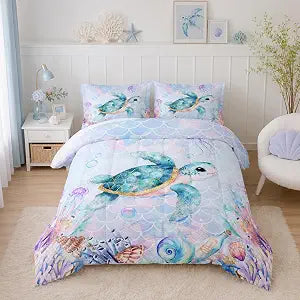Coastal Bedding Sea Turtle Comforter Set Full Size,Mermaid Scale Coral Pattern Comforter for Toddler Kids Girls Room Decor with 2 Pillowcases.