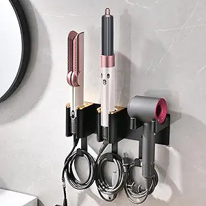 Hair Tool Organizer Wall Mount, Hair Dryer Curling iron Organizer, Flat Iron Straightener Holder, Aluminum Alloy & ABS plastic, Black and Gold (Not Including Hair Tools)