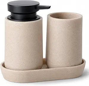 Clasin Home 3 Pcs Bathroom Accessories Set, Liquid Soap Dispenser with Large Pump, Toothbrush Holder Cup and Soap Dish, Sandstone Texture Bathroom Counter Set for Modern Home (Beige)