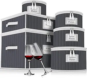Fine China Storage Containers, 6 Piece Dish Storage Containers, Stackable Plate Storage, Coffee Mug Storage and Wine Glass Storage Box with Dividers, Quilted Dish Organizers, Grey