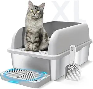 Suzzipaws Enclosed Stainless Steel Cat Litter Box with Lid Extra Large Litter Box for Big Cats XL Metal Litter Pan Tray with High Wall Sides Enclosure, Non-Sticky, Anti-Leakage, Easy Cleaning