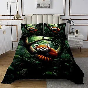 Homewish 3D Red Panda Bedspread Twin Size,Wild Animals Bedding Set 2pcs for Kids Girls Boys Adult Room Decor,Tropical Tree Jungle Comforter Set Green Black Coverlet Quilt,1 Pillowcase
