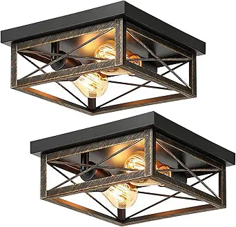 Oil Rubbed Bronze Hallway Light Fixtures Ceiling, 2-Light Farmhouse Industrial Flush Mount Ceiling Lights, 2-Pack Metal Kitchen Light Fixtures, Close to Ceiling Lights for Bedroom Living Room Entryway