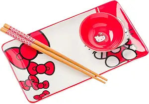 Silver Buffalo Sanrio Hello Kitty Red White Bow, Ceramic Sushi Set