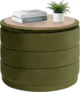 PINPLUS Large Round Velvet Storage Ottoman, Olive Green Upholstered Footstool with Hidden Storage, Sturdy Coffee Table Ottoman for Living Room & Bedroom