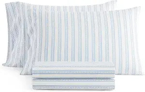 Martha Stewart - King Size Sheets Set, Crisp & Tailored Cooling Sheets with a Smooth Cotton Percale Lightweight Feel - Bed Sheets with Matching Pillowcases & Fitted Sheet (Francesca Stripe Blue)