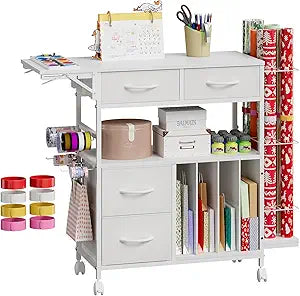 Wrapping Paper Storage Cart with Foldable Table, 3 Tier Gift Wrap Organizer with Drawers, Holds 8 Rolls, 8 Slap Bands, Rolling Craft Storage Station for Ribbons Gift Bags Supplies (White)