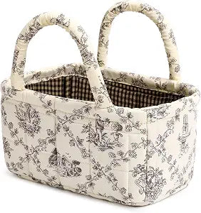 Small Storage Basket Organizer, Mini Fabric Floral Storage Baskets with Handle, Quilted Portable Collapsible Storage (Vine-Coffee)