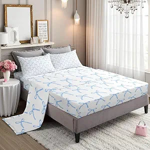 Cartoon Bowknot Kids Sheet Full Size,Bow Tie Knot Geometric Patchwork Fashion Bedding Set,Girls Women Room Decor,Hand-painted Sketch Blue Noble Bed Sheet Set 4pcs(Fitted + Flat + 2 Pillowcases)