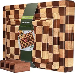 Checkerboard Cutting Board 3-PC Set, Solid Wooden Chopping Board, Acacia Wood Cutting Board for Kitchen with Holder with Deep Juice Grooves & Built-in Handles, for Meat, Vegetables and Fruits