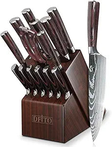 Dfito Kitchen Knife Set, 15 Pieces Knife Set with Block and Sharpener, High Carbon Stainless Steel Chef Knives Set with Red Pakkawood Handle for Home Cooking, Dishwasher Safe