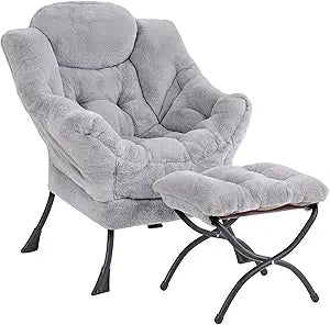 Lazy Chair with Ottoman, Modern Accent Lounge Leisure Sofa with Armrests, Reading Chair and Folding Footstool for Living Room, Bedroom, Office, Plush Grey