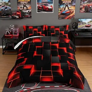 HOSIMA Red Black Geometric Honeycomb Twin Comforter with 2 Pillowcases.