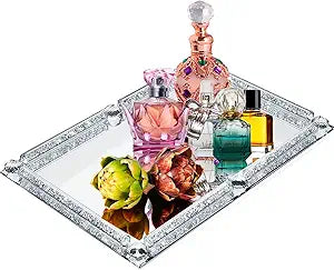 Large Crystal Tray, Glass Mirror Modern Jewelry Trinket Trays with Crushed Diamond, 15.7" x 11.8" Rectangular Makeup Perfume Tray for Bathroom Bedroom, Home Decor, Hotel Banquet, Party (Silver C)
