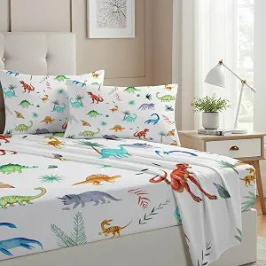 Allenjoy Cute Dinosaur Art Sheets Set with Fitted Sheet, Flat Sheet and 1 Pillowcase for Kids Boys Girls Son Daughter Bedding Bedroom Decor, Twin Size