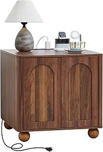 Bed Side Table with Charging Station, Mid Century Modern Nightstand with 2 Doors, Square End Table with Storage for Couch, Living Room, Small Spaces, Sofa Side Table for Office, Dorm, Walnut