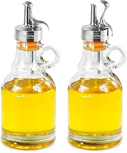 Olive Oil Dispenser Bottle,Glass Oil Dispenser with Stainless Steel Spouts,Oil Bottles for Kitchen, Dispenser Bottle with Drip Free Spouts (2pcs) 12 oz