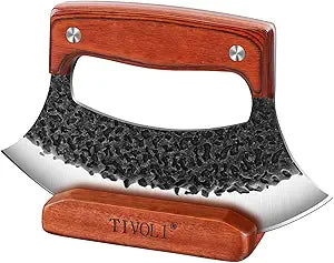 TIVOLI Ulu Knife with Wooden Stand  Full Tang High Carbon Steel, Japanese-Inspired Rocker Knife with Gift Box, Mezzaluna Knives & Pizza Cutter for Kitchen, Camping & BBQ, Unique Gift for Men
