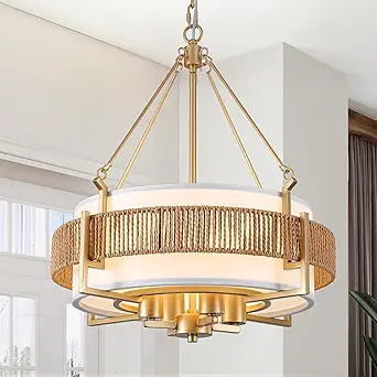 18.7'' Farmhouse Rattan Chandelier,4-Light Farmhouse Boho Drum Chandeliers with Fabric Shade,Modern Gold Chandelier for Dining Room Living Room Kitchen Island Hallway Foyer
