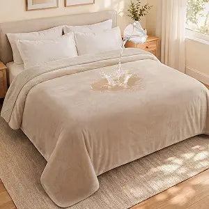 LOOBANI Waterproof Blanket for Bed, 80" x 80" Reversible Flannel Sherpa Fleece Love Blanket, Leakproof Soft Queen Bed Blanket, Stain Proof Dog Pet Blanket for Furniture Protection - Khaki