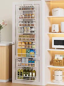Delamu 9 Tier Over The Door Pantry Organizer, Pantry Organization and Storage, Hanging Spice Rack for Pantry Door Organizer, Metal Pantry Door Shelves for Kitchen Bathroom Laundry Room,15.3" White