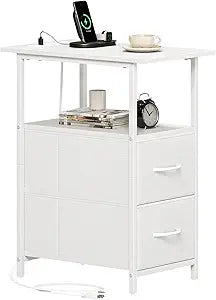 Somdot End Table with Charging Station, Narrow Side Table with 2 Fabric Drawers, Skinny Nightstand with Storage, Small Slim Bedside Table for Living Room, Sofa, Bedroom, Couch, White Leather