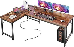 Huuger 55 Inch L Shaped Desk with Power Outlets and USB-C Port, 0.95 Inch Thicker Desktop, Reversible Computer Desk, Larger Office Corner Gaming Desk, Metal Frame, for Home Office, Study, Rustic Brown