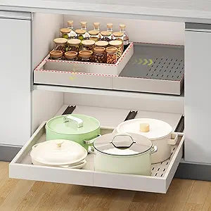 Pull out Cabinet Organizer,Width (14"-21") and Depth (17"-24") Expandable With 3 Rails,No Drill Adjustable Slide out Drawers for Kitchen,Pantry,Adhesive Roll out Shelves,for Cabinets Without Lip,White