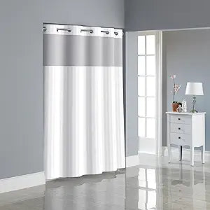 Hookless It's a Snap Satin Stripe Shower Curtain, 3-in-1 Shower Curtain Includes Fabric Shower Curtain with Sheer Top Window, Flex-On Rings & PEVA Liner, 71" x 74", Bright White