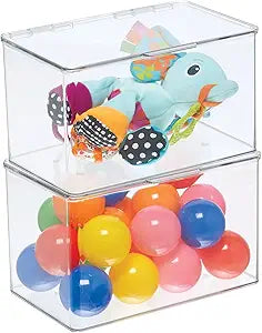 mDesign Set of 2 Storage Boxes with Lids  Stackable Plastic Storage Boxes for Nursery  Practical Plastic Toy Box Set  Clear