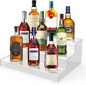 CHONOVO Liquor Bottle Display Shelf, 3 Tier Bar Shelves, 16" Black Acrylic Riser Display Stand for Countertop, Shelf Organizer for Alcohol Wine Cabinet Figures Coffee Syrup