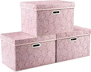 PRANDOM Larger Collapsible Storage Boxes with Lids Fabric Decorative Bins Cubes Organizer Containers Baskets Handles Divider for Bedroom Closet Living Room Pink 17.7x11.8x11.8 Inch 3 Pack