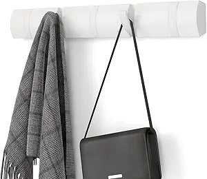 Umbra Flip Wall-Mounted Coat Rack with 5 Hooks  Modern, Space-Saving Storage for Hats, Jackets, Bags, Entryway, Mudroom, Closet, Bathroom, Bedroom  White/White