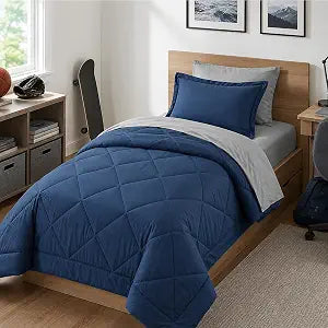 Furnishh 5 Pieces Comforter Set Twin Bed in a Bag, Reversible Bed Set with Comforter, Flat Sheet, Fitted Sheet, Pillowcase & Sham, Navy Blue and Grey Twin Size Bedding Sets for Boys, Girls