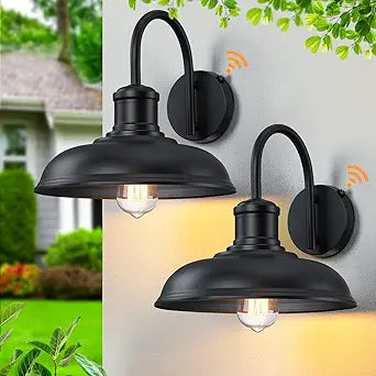 12'' Diameter Large Dusk to Dawn Outdoor Gooseneck Barn Light, 2-Pack Outdoor Wall Sconce Farmhouse Exterior Light Wall Lighting Fixture Industrial Black Wall Lantern for Porch, Garage, Black